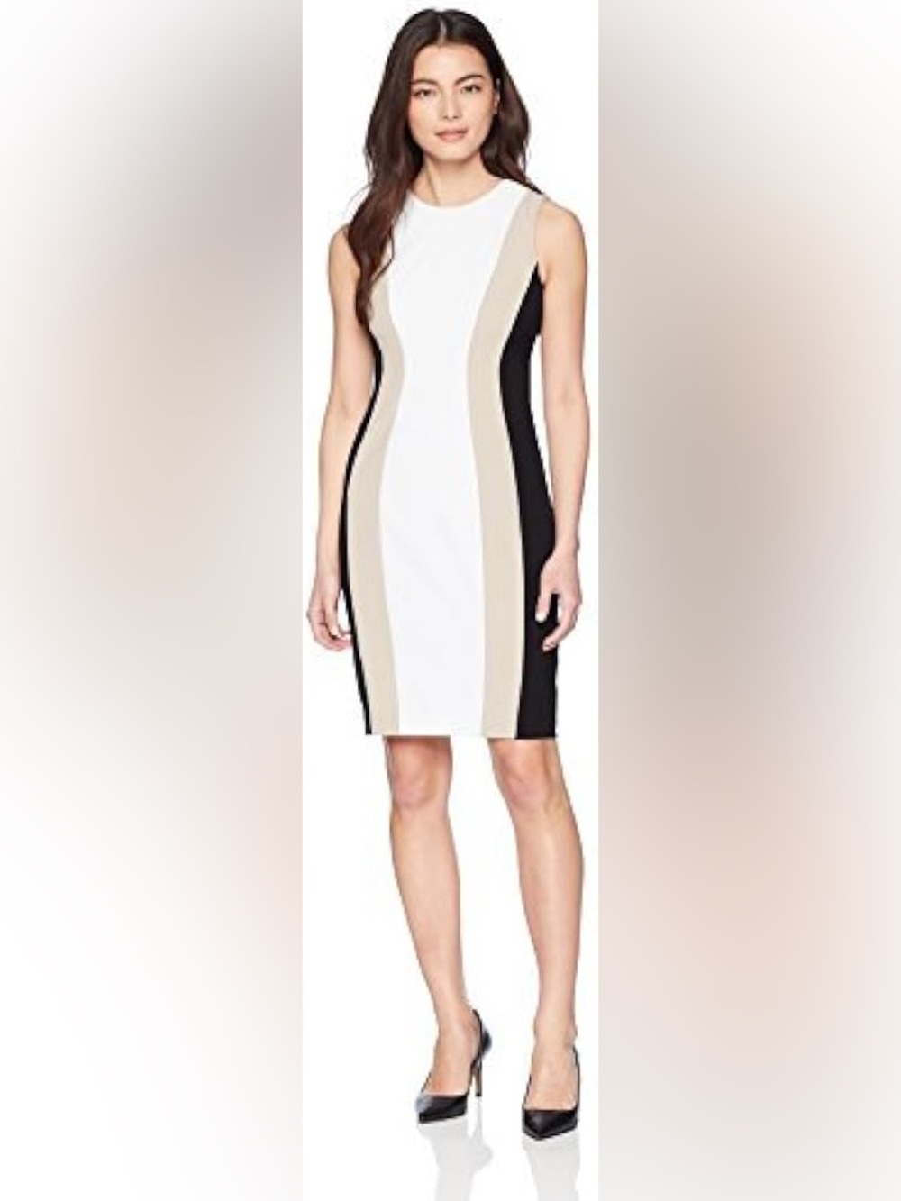 Calvin Klein White, Beige & Black Colorblock Midi Sheath Dress